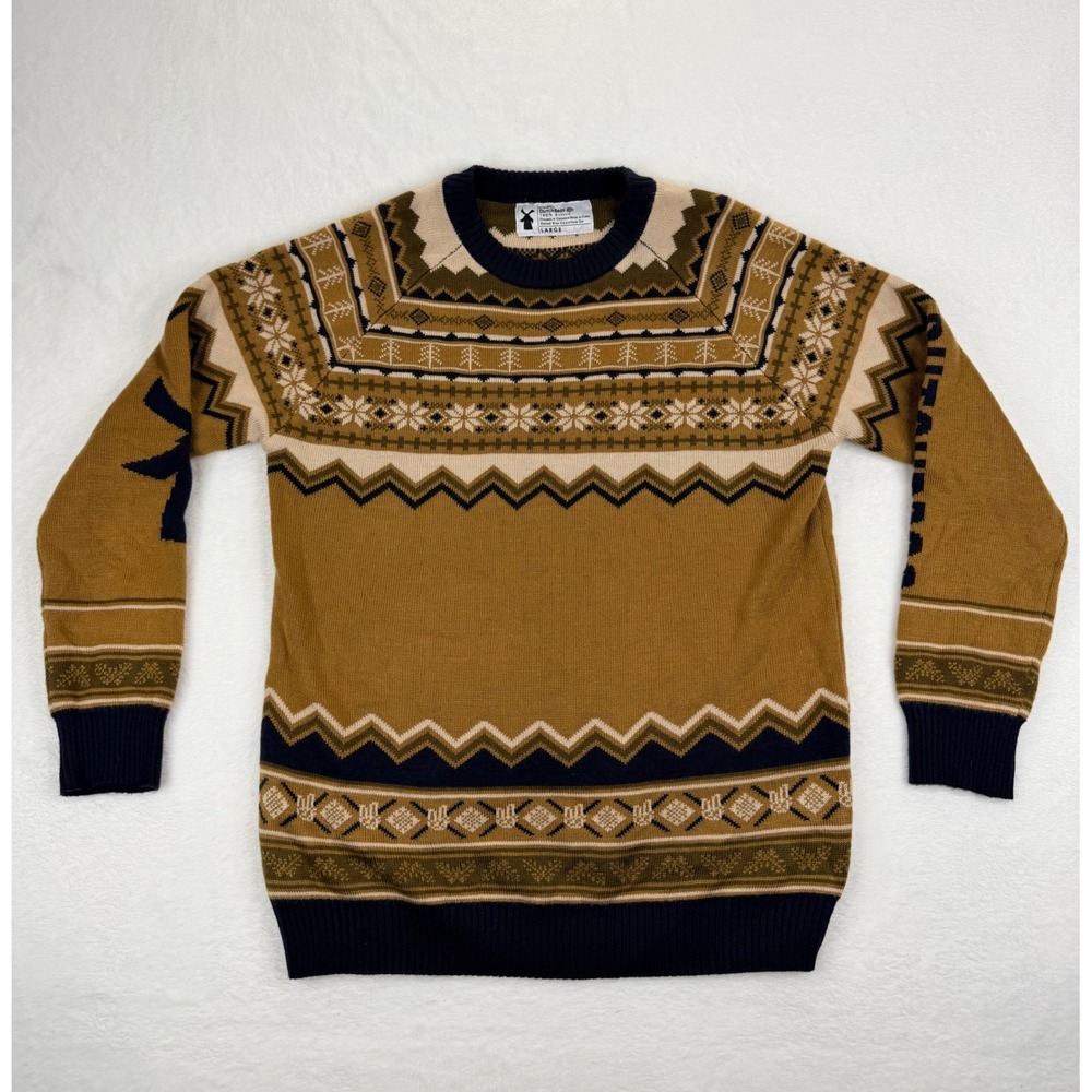 Dutch Bros Coffee Mens Fair Isle Knit Sweater Large Mustard Yellow Windmill Logo